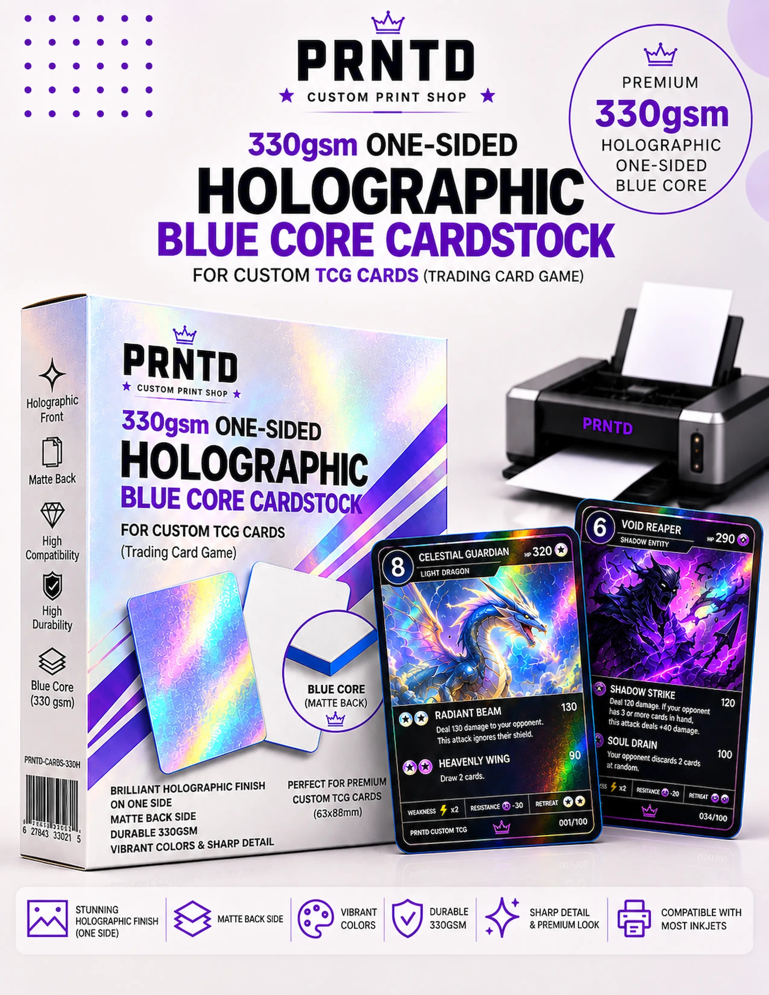 300 GSM Single-Sided Holographic Blue Core Cardstock - 20 Sheets product photo