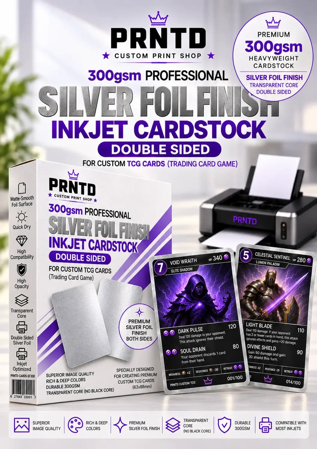 300 GSM Transparent Core Silver Holographic Double Sided Cardstock - 20 Sheets product photo