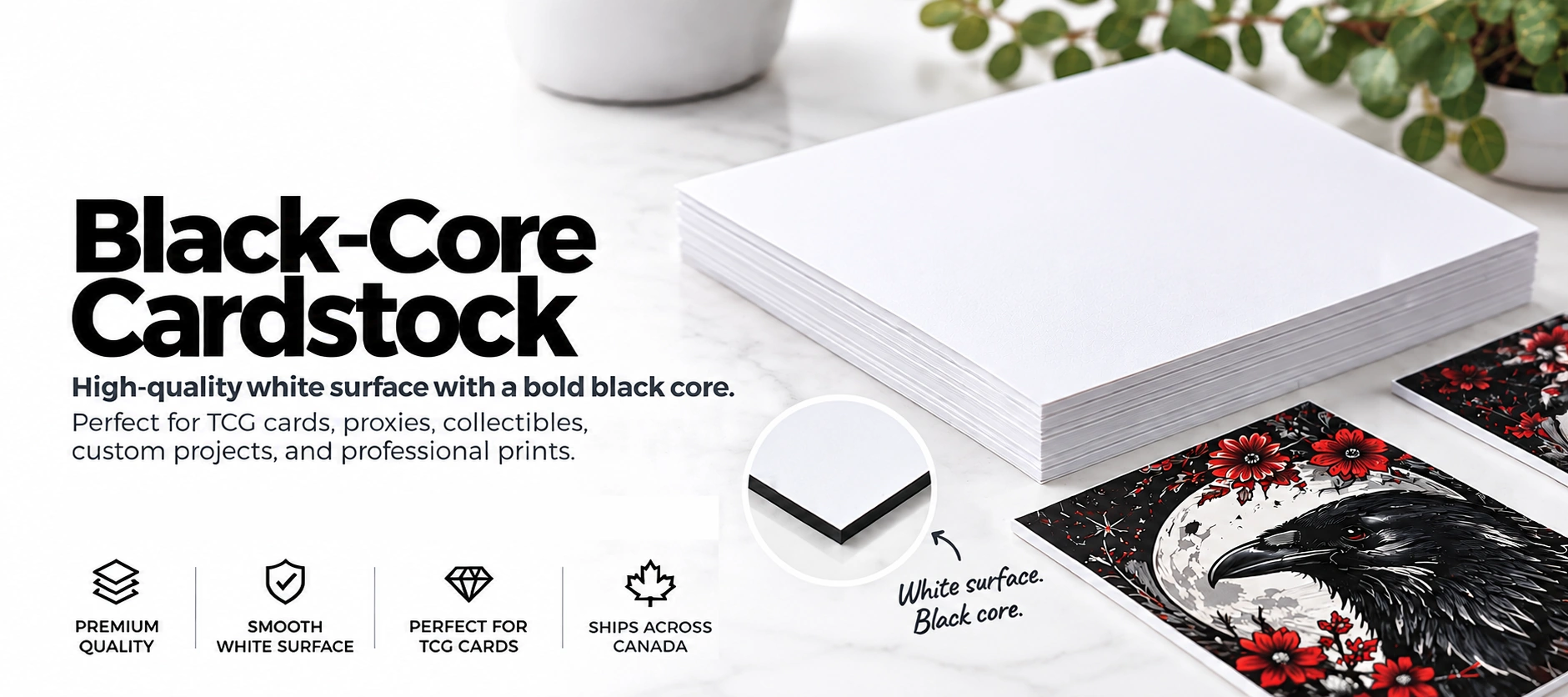 Black-core cardstock with a white surface and black core